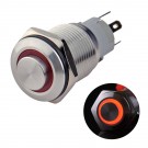 U16F2SR Latching Pushbutton Switch Silver Stainless Steel Shell with Red LED Ring Suitable for 16mm Hole