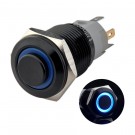 U16F2B Latching Pushbutton Switch Black Metal Shell with Blue LED Ring Suitable for 16mm Hole