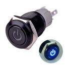 U16F5B Latching Pushbutton Switch Black Metal Shell with Blue Power Symbol LED Suitable for 16mm Hole