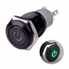 U16F5G Latching Pushbutton Switch Black Metal Shell with Green Power Symbol LED Suitable for 16mm Hole
