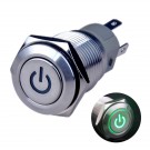 U16F5SG Latching Pushbutton Switch Silver Stainless Steel Shell with Green Power Symbol LED Suitable for 16mm Hole